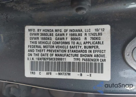 2012 Honda Civic Lx из США, поврежденный, VIN 19XFB2F58CE099911